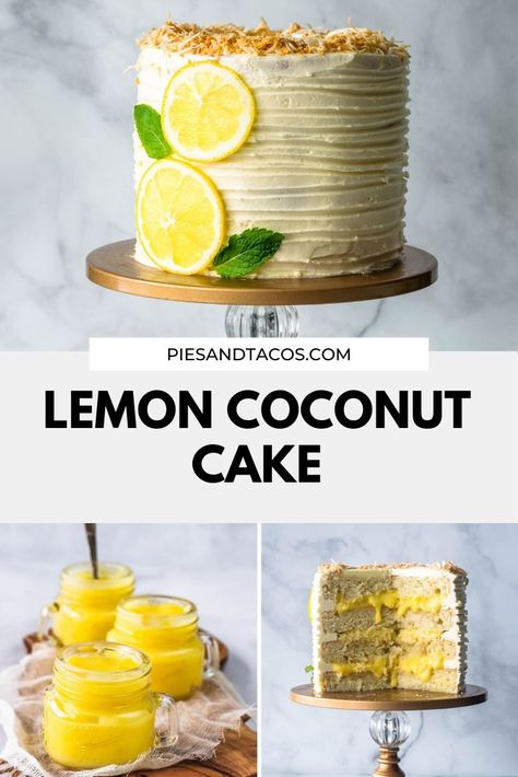 Lemon Coconut Cake #lemon #coconut #italianmeringue #cake #layercake #lemoncurd #curd #buttercream #meringue #spring Lemon Coconut Cake, Coconut Layer Cake, Lemon And Coconut Cake, Italian Meringue Buttercream, Easy Cakes To Make, Cakes To Make, Italian Meringue, Lemon Dessert Recipes, Coconut Custard