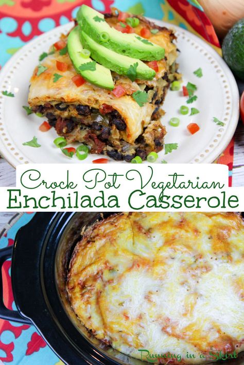 Crock Pot Vegetarian Enchilada Casserole recipe - This healthy and easy vegetarian slow cooker bake is SIMPLE and filled with black beans, veggies, cheese and corn tortillas. Great Mexican flavors for the crockpot! / Running in a Skirt #Mexican #healthy #crockpot #vegetariancrockpot #vegetarianslowcooker #slowcooker #recipe #enchilada via @juliewunder Crock Pot Vegetarian, Vegetarian Enchilada, Vegetarian Slow Cooker, Vegetarian Enchilada Casserole, Casserole Healthy, Vegetarian Platter, Slow Cooker Enchiladas, Vegetarian Slow Cooker Recipes, Slow Cooker Black Beans