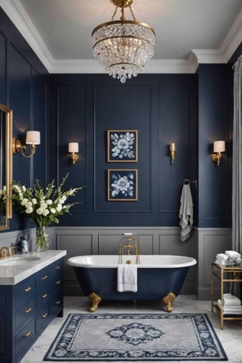 Dashing Navy Blue Bathrooms - Designs to Inspire You - West Magnolia Charm Navy Blue Tile Bathroom Floor, Blue On Blue Bathroom, Striking Bathroom Ideas, Bathroom Decor Blue Vanity, Blue Brown Gold Bathroom, Bathroom Ideas Blue And Gold, Dark Blue And Gold Bathroom Ideas, Black And Light Blue Bathroom, Blue And White Bathroom Decor Ideas