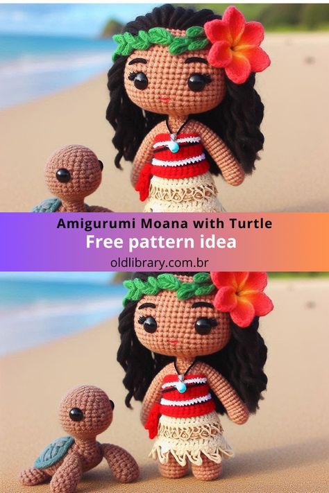 Create an Amigurumi Moana with Turtle! This charming crochet pattern includes Moana with tropical details and an adorable turtle companion. Moana Amigurumi Free Pattern, Crochet Moana Doll Pattern Free, Amigurumi Stuffed Animals, Pascal Tangled Crochet Pattern Free, Free Home Crochet Patterns, Moana Crochet Pattern Free, Valentine Free Crochet Pattern, Dobby Crochet Pattern, Arugami Crochet Pattern Free