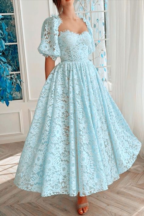 Baby Blue Lace Midi Dress Blue Puffy Dress, Baby Blue Prom Dresses, Blue Lace Midi Dress, Puffy Dresses, Lace Midi, Puffy Sleeves, Prom Dresses Blue, Lace Midi Dress, Blue Lace