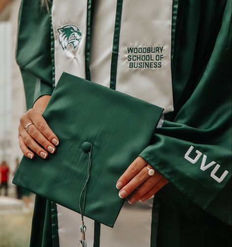 @camitorontophotography on IG UVU Utah college graduate session Graduation Detail Shots, Green Graduation Cap, College Graduation Photoshoot, Gowns Aesthetic, Graduation Cap And Gown, University Graduation, Grad Photoshoot, College Graduate, College Aesthetic