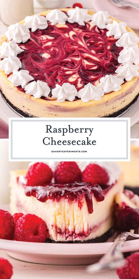 In this EASY Raspberry Cheesecake, drizzles of sweet raspberry sauce mingle beautifully with the velvety, sweet, and subtly tangy cheesecake! Raspberry Sauce For Cheesecake, Raspberry Cheesecake Recipes, Easy Raspberry Cheesecake, Beautiful Cheesecake, Raspberry No Bake Cheesecake, Mouthwatering Desserts, Fabulous Desserts, Cheesecake Bites Recipe, Cheesecake Factory Recipes