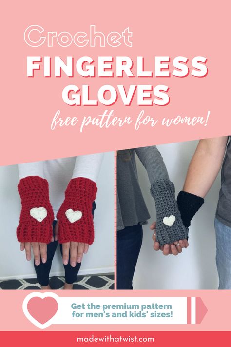 Add a pop of color and some extra warmth to your Valentine’s Day outfit with these adorable crochet fingerless gloves. They work up quickly with a small amount of worsted weight yarn, which makes them a great item for selling on Etsy or at craft fairs. Get the crochet pattern free at Made With a Twist! Or grab the premium pattern to make them in men’s and children’s sizes, too! #crochetvalentinepattern #crochetglovesfreepattern #freecrochetpatterns #valentinescrochet Crocheted Fingerless Gloves, Crocheted Gloves, Crochet Gloves Free Pattern, Crochet Fingerless Gloves Free Pattern, Gloves Crochet Pattern, Fingerless Gloves Crochet, Crochet Mitts, Alana Blanchard, Crochet Wrist Warmers