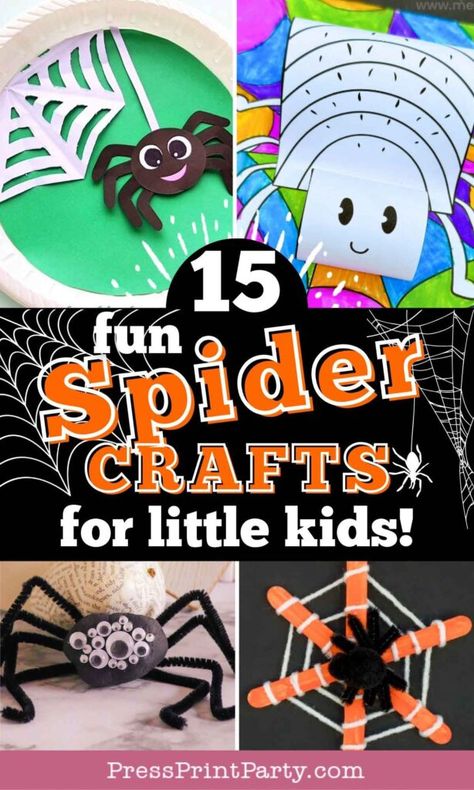 15 Spider Crafts for Kids That Are Perfect for Halloween - Keep preschool and toddlers busy with these fun and easy spider craft ideas! From paper plate spiders to DIY handprint projects and moving spiders, these Halloween crafts are great for kids in kindergarten and preK. Get creative with black paper, pipe cleaners, and more. These art projects are the perfect way to celebrate the spooky season with your little ones. By Press Print Party! Spider Craft Halloween, Spider Art And Craft For Preschool, Kindergarten Fall Party Craft, Kids Spider Craft, Halloween Spider Crafts For Kids, Easy Spider Craft, Spider Halloween Craft, Paper Plate Halloween Crafts For Kids, Preschool Spider Crafts