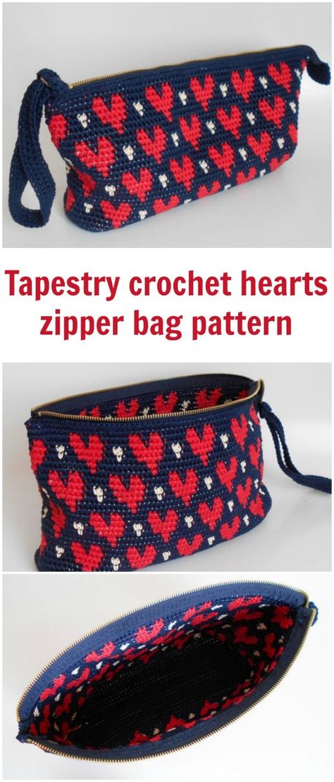 Tapestry crochet pattern for this heart pattern zipper clutch bag. Clutch Bag Pattern, Mochila Crochet, Best Leather Wallet, Crochet Hearts, Crochet Heart Pattern, Crochet Shell Stitch, Crochet Pouch, Tapestry Crochet Patterns, Tapestry Bag