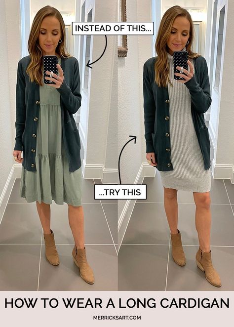 Trendy Tuesday: Long Cardigan Outfits - Merrick's Art Duster Cardigan With Dress, Cardigans Over Dresses, Cardigans And Dresses, Coat Cardigan Outfit, Cardigan Over Turtleneck, Dress Outfits With Cardigan, Dress With Jacket Outfit Casual, Summer Dresses With Cardigans, Dresses With Long Cardigans