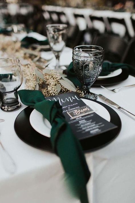 Black, Hunter Green and White Wedding Color Ideas 2024, Hunter Green Bridesmaid Dresses and Wedding Shoes - ColorsBridesmaid Black Green And Gold Wedding Wedding Table Decor, Dark Green Wedding Accents, Black Green Table Setting, Emerald Green And Gold Table Setting, Dark Green And Sage Green Wedding, Emerald Green And Gold Table Decor, Emerald Green Wedding Table Decor, Green And Black Table Setting, Black And Green Table Setting