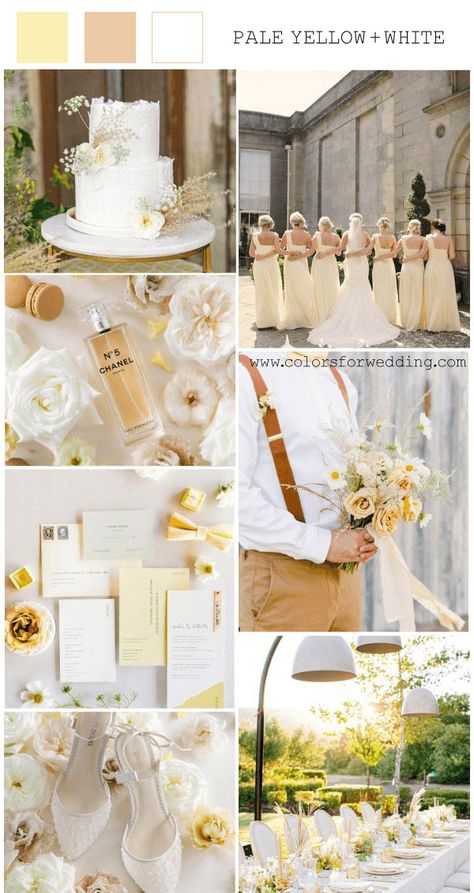 Golden Yellow Wedding Theme, White And Yellow Wedding Theme, Wedding Yellow Color Schemes, Pastel Yellow Wedding Theme, Pale Yellow Wedding Theme, Yellow Theme Wedding, Wedding Colors For Spring, Yellow Wedding Color Palette, Pale Yellow Wedding