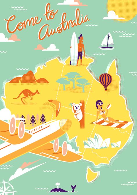 Create a Retro Style, Airline Destination, Travel Poster - Tuts+ Design & Illustration Tutorial Adobe Illustrator Tutorial, Posters Australia, Australian Vintage, Outback Australia, Adobe Illustrator Tutorials, Retro Graphics, Retro Travel Poster, Illustrated Map, Illustrator Tutorials