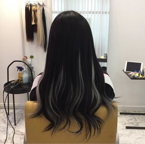 Long Dyed Black Hair, Colors That Look Good With Black Hair, Dark Brown Hair With Silver Underneath, Dyed Black Hair Aesthetic, Highlights Black Hair Asian, Underdye Hair Brown, Korean Hair Highlights Black, Hair Black Highlights, Hair Dye For Black Hair