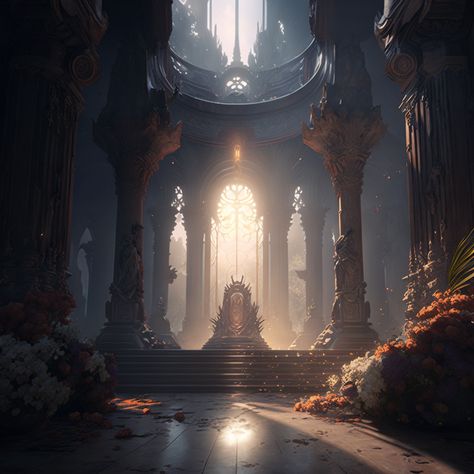 Abandoned Throne Room, Evil Fantasy Castle, Medieval Castle Interior Concept Art, Ruined Throne Room, Fantasy Training Grounds, Dark Altar, Castle Throne Room, Medieval Throne, Dark Throne Room