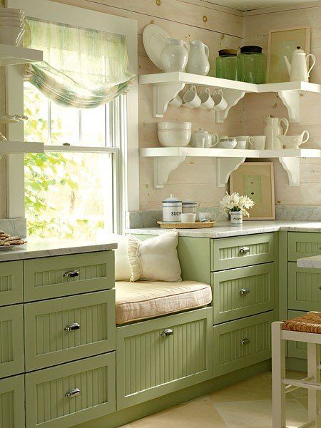 green cabinets Cheap Cabinets, Model Dapur, Kitchen Design Color, Kabinet Dapur, Green Kitchen Cabinets, Beautiful Kitchen Designs, Cottage Kitchens, Kitchen Cabinet Colors, Kitchen Remodeling Projects