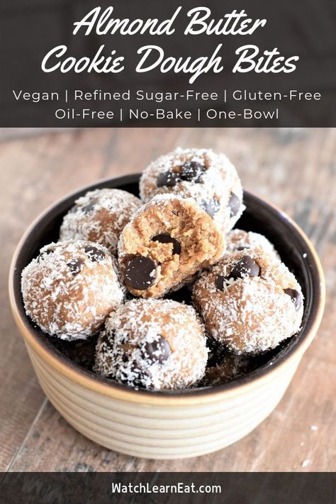 These no-bake, gluten-free, vegan Almond Butter Cookie Dough Bites are filled with dark chocolate chips and covered in shredded coconut. #almondbutter #cookiedough #glutenfree #refinedsugarfree #vegan #oilfree #nobake #dairyfree #eggfree #glutenfreerecipes #veganrecipes #oatflour Almond Butter Cookie, Butter Cookie Dough, Almond Butter Cookies, Cookie Dough Bites, Healthy Vegan Snacks, Gluten Free Vegan Recipes, Butter Cookie, Vegan Appetizers, Whole30 Recipes