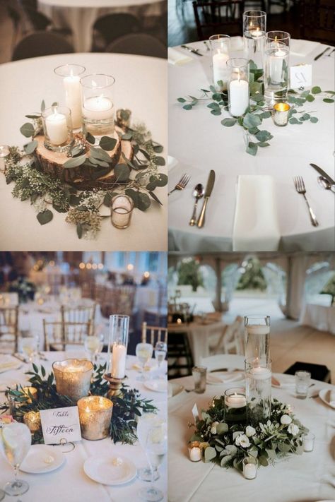 Greenery Around Centerpiece, Square Wedding Centerpieces, Wedding Eucalyptus Centerpieces, Wedding Centerpieces With Eucalyptus, Simple Greenery Wedding Centerpieces, Greenery Centerpiece Round Table, Round Table Wedding Centerpieces, Moss Centerpiece Wedding, Wedding Centerpieces Greenery