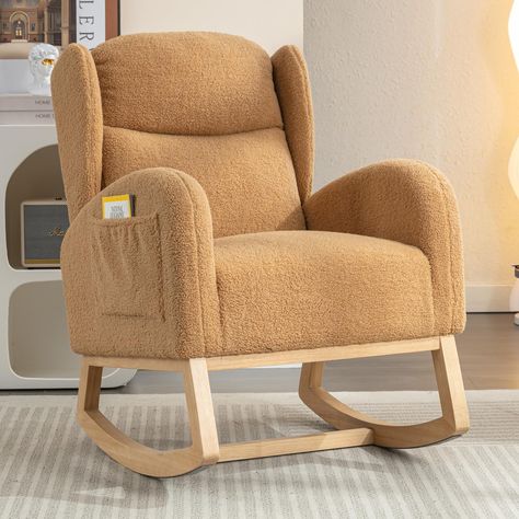 Upholstered Rocking Chairs, Glider Rocking Chair, Wood Rocking Chair, Mid Century Modern Armchair, Wingback Armchair, Patterned Chair, Teddy Fabric, Nursery Chair, Single Sofa Chair