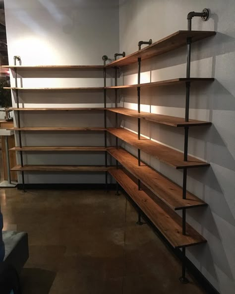 Just installed these custom handmade industrial style shelves this week inside Salon Estilo in the Old Mill District, Bend. DM me if you… Industrial Style Shelves, Industrial Shelving Kitchen, Diy Pipe Shelves, Style Shelves, Pipe Desk, Shop Shelving, Industrial Style Decor, Pipe Decor, Pipe Furniture