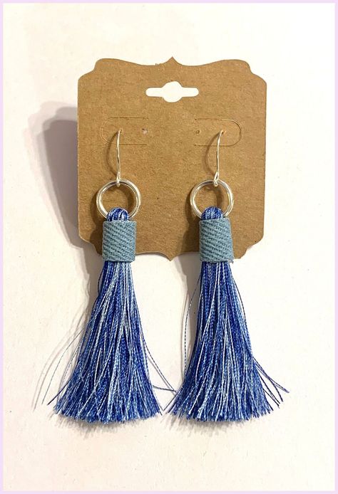 Fabric Earrings Handmade, Jeans Earrings, Denim Tassel, Diy Tassel Earrings, Textile Earrings, Recycled Earrings, Earrings Diy Handmade, Denim Earrings, Jean Fabric