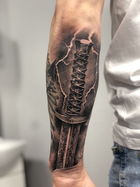 Tattoo Swords Men Arm, Elbow Forearm Tattoo, Warrior Tattoos Men, Viking Forearm Tattoo Men, Half Sleeve Tattoo For Men Forearm Design, Viking Arm Tattoo, Back Of Forearm Tattoo Men, Snake Tattoo Sleeve, Mens Forearm Tattoo