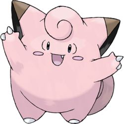 Clefairy, the Fairy Pokémon. Clefairy is a bipedal, pink Pokémon with a chubby, vaguely star-shaped body. A small, pointed tooth protrudes from the upper left corner of its mouth. It has wrinkles beside its black, oval eyes, dark pink, oval markings on its cheeks, two small wings, and large, pointed ears with brown tips. Feywild Creatures, All 151 Pokemon, Pokemon Fire Red, Pink Pokemon, Original 151 Pokemon, Original 151, Fairy Type Pokemon, Pokemon Original, Pokemon Tv