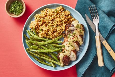 Pork Lunch, Dill Chicken, Creamy Dill Sauce, Pork Tenderloin Recipe, Balsamic Pork, Tenderloin Recipe, Roasted Green Beans, Dill Sauce, Pork Glaze