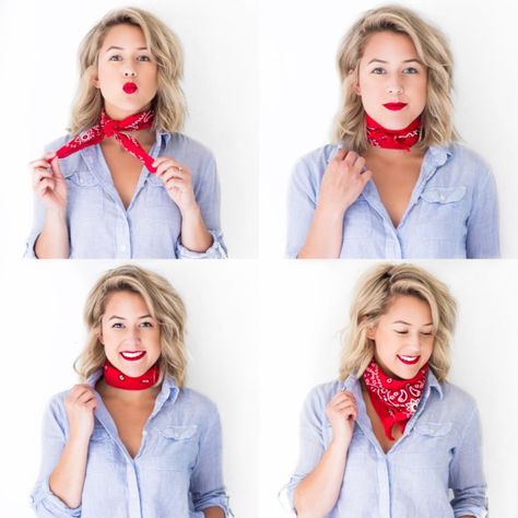 4 Ways to Tie a Neck Scarf Tie A Neck Scarf, How To Wear Bandana, Neck Scarf Outfit, How To Tie Bandana, Bandana Neck Scarf, Bandana Outfit, Wear A Scarf, Neck Scarf Tying, Scarf Trends