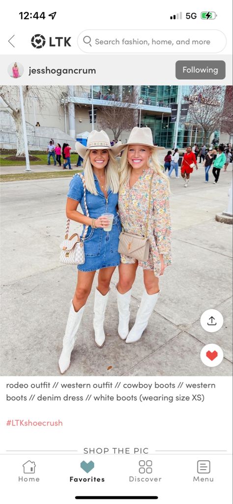 Talk Western Boots Outfit, White Boots Rodeo Outfit, Denim Dress Outfit Cowboy Boots, Denim Outfit With Cowgirl Boots, Jean Dress Outfit Cowboy Boots, Tall White Boots Outfit Concert, Tall White Cowgirl Boots Outfit, Denim Dress White Boots, White Cowboy Boots Outfit Spring