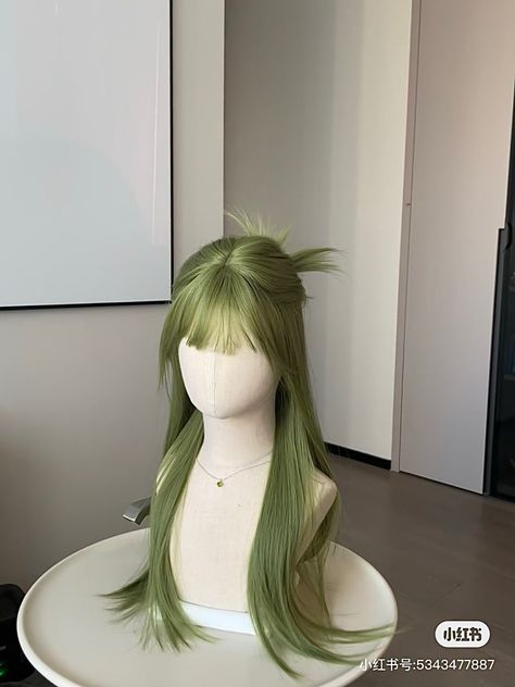 Cute Green Hair, Sage Green Hair Color, Pattern Hair, Green Aesthetic Hair, Matcha Green Hair, Green Aesthetic Hairstyles, Sage Green Hair, Seafoam Green Hair, Green Hair Wig