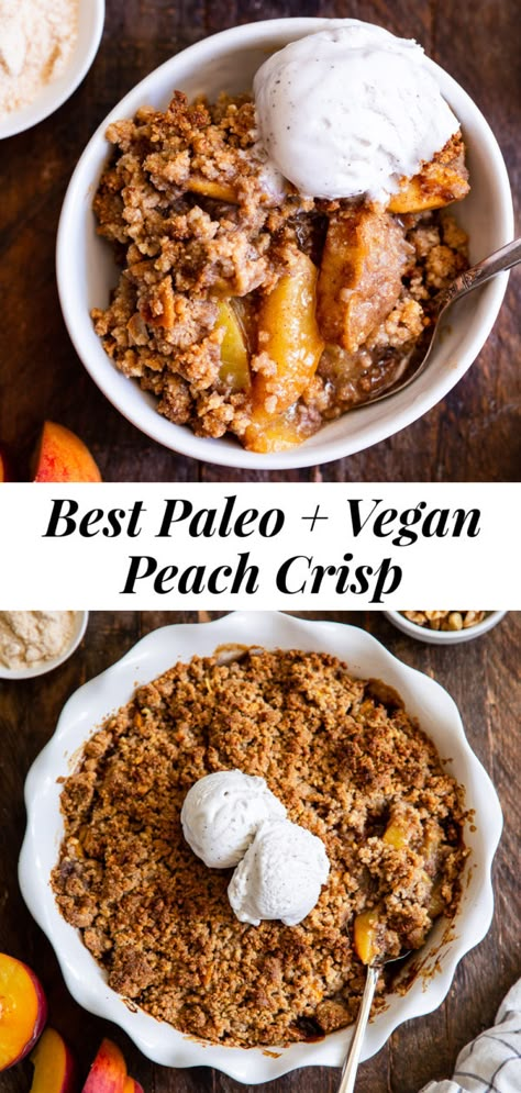 Paleo Peach Crisp, Dessert Peaches, Peaches Baked, Healthy Vegan Dessert, Peach Filling, Crisp Topping, Vegan Peach, Cheesecake Vegan, Peach Crisp