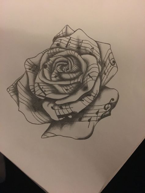 Music Rose Tattoo Design, Music Rose Tattoo, Shotgun Tattoo, Small Thigh Tattoos, Drawing Pics, Music Notes Tattoo, Rose Drawing Tattoo, Flower Thigh Tattoos, Thigh Tattoo Designs