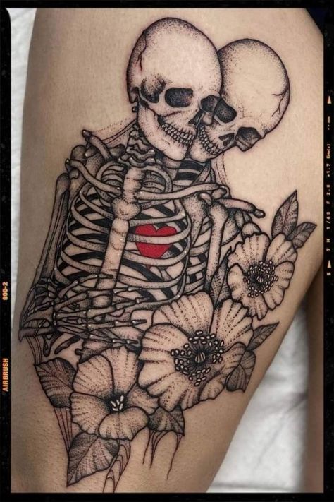 Skeleton Couple Tattoo, Skull Couple Tattoo, Cross Tattoos For Women, Poppies Tattoo, Woman Tattoo, Skeleton Tattoos, Couple Tattoo, Tattoos For Lovers, Dope Tattoos For Women