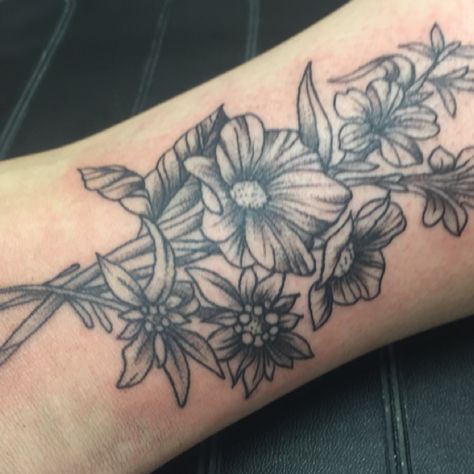 Dogwood, edelweiss, yellow jessamine tattoo Yellow Jessamine Tattoo, Jessamine Tattoo, Edelweiss Tattoo, Yellow Jessamine, Grunge Aesthetic, Inspirational Tattoos, Small Tattoos, Flower Tattoo, Body Art