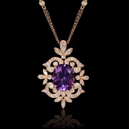 Diamond and Purple Amethyst Antique Style 18k Rose Gold Pendant Vaddanam Designs, Diamond Pendent, Jewellery Design Sketches, Diamond Pendant Sets, Fantasy Props, Jewellery Sketches, Purple Jewelry, Diamond Jewelry Designs, Antique Pendant