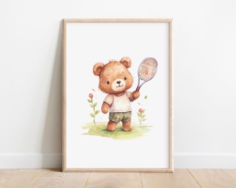 Boho Sports Nursery, Subtle Sports Nursery, Sport Nursery Theme, Animal Sports Nursery, Tennis Nursery, Boy Room Poster, Sports Nursery Decor, Teddy Bear Nursery Decor, Buffalo Wall Art