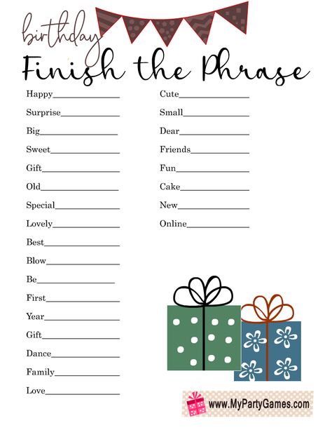 Free Printable Birthday Finish the Phrase Game Finish The Phrase Game, Birthday Bingo Free Printable, Find The Guest Game Birthday, Birthday Trivia Games Free Printable, Birthday Word Search Free Printable, Birthday Mad Libs Printable Free, Free Printable Birthday Games For Adults, 40th Birthday Games, One Year Gift