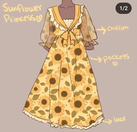 Cute Outfit Ideas Drawing, Field Dress, Sunflower Dress, Dress Design Drawing, Dress Sets, Clothing Design Sketches, Sunflower Field, Drawing Anime Clothes, Dress Design Sketches