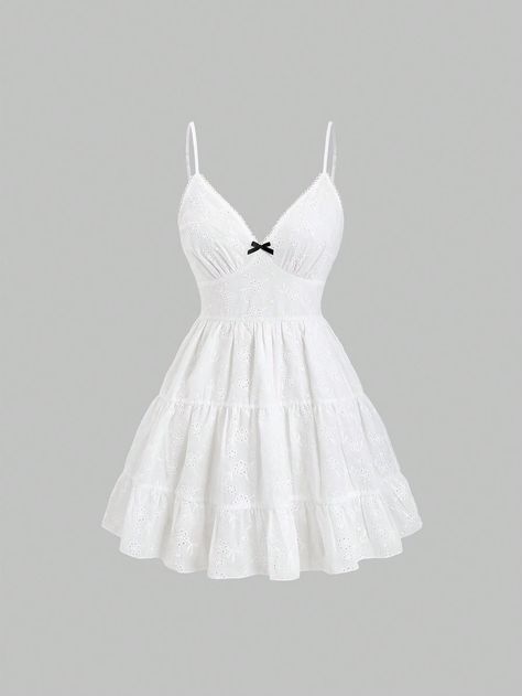 Women's Summer Floral Burnout Embroidery Bow Decorated Short Cami Dress White Casual  Sleeveless Woven Fabric Plain Cami Non-Stretch  Women Clothing, size features are:Bust: ,Length: ,Sleeve Length: White Short Dress Outfit, Short Floral Dress, Dress Shorts Outfit, Embroidery Bow, Floral Dresses Short, Mini Cami Dress, Designer Dresses Casual, White Short Dress, Short Dresses Casual