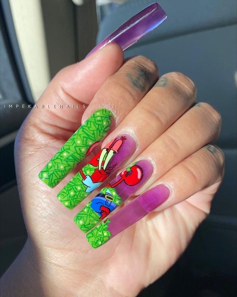 7,740 Likes, 123 Comments - i m PEKA b l e 👽🧚🏽‍♀️🐐 (@impekablenails) on Instagram: “When you mix Jelly with Fetty 🤑🍇💦  I hope you like @spongebob @nickelodeon 💚 Thank you all for all…” Spongebob Nail Art, Spongebob Nails, Stilleto Nails Designs, Nails 2016, Clear Acrylic Nails, Nail Salon Design, Cherry Nails, Cute Acrylic Nail Designs, Nail Art Set