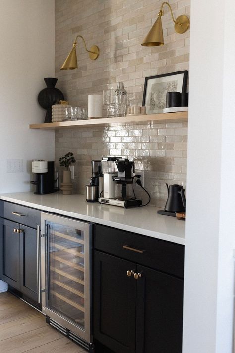 Bar With Floating Shelves, Small Wet Bar, Bar Renovation, Bar Nook, Butler’s Pantry, Home Bar Design, Coffee Bars In Kitchen, Coffee Nook, Home Coffee Bar