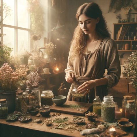 a digital print of an herbalist making tea in her healing space, great to print out for wall art in your herbalism kitchen or shop! Herbalist Workshop, Herbal Witch Aesthetic, Herbalist Aesthetic, Witchy Office, Apothecary Diy, Herbalist Shop, Herbal Kitchen, Witchcraft Aesthetic, Enchanted Lake