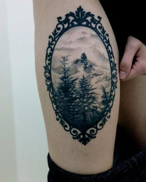 Majestic and magical. Definitely what a forest tattoo IS and SHOULD BE. Backpiece Tattoo, Mother Nature Tattoos, Framed Tattoo, Tattoo Zeichnungen, Landscape Tattoo, Forest Tattoos, Geniale Tattoos, Thigh Tattoos Women, Mountain Tattoo