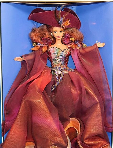 Amazon.com: Autumn Glory Barbie (Enchanted Seasons Collection) : Toys & Games Price Sticker, Doll Repaint, Chiffon Gown, Barbie Collector, Long Blonde Hair, Barbie Collection, Burgundy Dress, Vintage Dolls, Baby Beanie