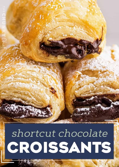 This shortcut version of the French classic, chocolate croissants, or pain au chocolat, is sinfully delicious right out of the oven! Store-bought puff pastry dough makes this recipe accessible to bakers of all confidence levels, and they're a perfect weekend breakfast treat! #chocolate #croissant #painauchocolat #baking Pain Au Chocolat Recipe, Puff Pastry Croissant, Chocolate Croissant Recipe, Puff Pastry Chocolate, Crossiant Recipes, Recipes Using Puff Pastry, The Chunky Chef, Chocolate Croissants, Chunky Chef