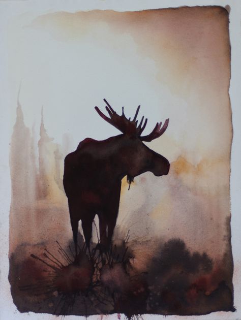 Moose Silhouette Painting//watercolor and guache Moose Painting, Moose Pictures, Moose Silhouette, Moose Head, Head Silhouette, Silhouette Painting, Watercolor Inspiration, Painting Watercolor, Watercolor Animals