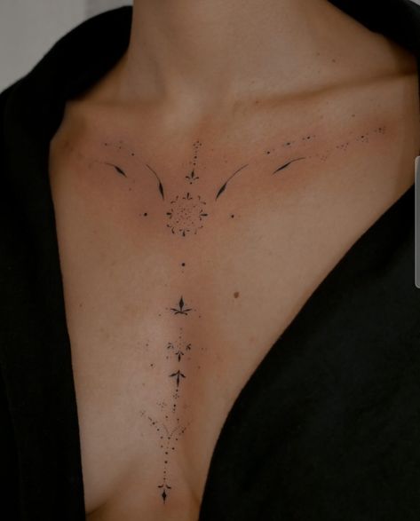 Body Chain Tattoo, Minimalist Chest Tattoo, Chest Ornamental Tattoo, Dainty Chest Tattoo Female, Clavicle Tattoos For Women, Ornamental Sternum Tattoo, Tattoo Clavicle, Chest Tattoo Designs Female, Feminine Back Tattoos