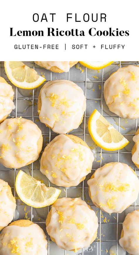 Oat Flour Cookies, Oat Flour Recipes, Lemon Ricotta Cookies, Healthy Flour, Eating Bird Food, Ricotta Cookies, No Flour Cookies, Healthy Cookie Recipes, Lemon Glaze