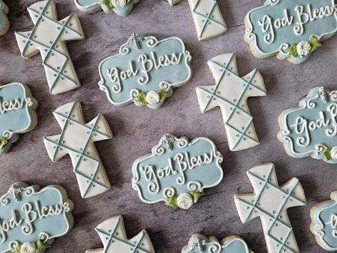 Lovely dusty blue set is perfect for 1st Communion or baptism. #petitesweetsbydonna #1stholycommunion #1stcommunion #baptism #cookie #cookies #cookiesoffacebook #cookiesofinstagram Baptism Cookies Decorated, Boy Baptism Cookies, Baby Dedication Cookies, Baptism Sugar Cookies Boy, Baptism Sugar Cookies Girl, Baptism Cookies, Blue Cookies, Boy Baptism, First Communion