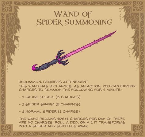 3. Wand of Spider Summoning 🕷 - The mandibles on this wand twitch and chitter. As you grasp it, you feel the hairs on your arm stand on end... #spiders #dnd #dungeonsanddragons #wand #magic #d20 #gaming #tabletop #creepy Guerriero Samurai, Dnd Magic, Dungeon Master's Guide, D D Items, Gear 3, Dnd 5e Homebrew, Dnd Dragons, Dnd Monsters, Dungeons And Dragons Characters