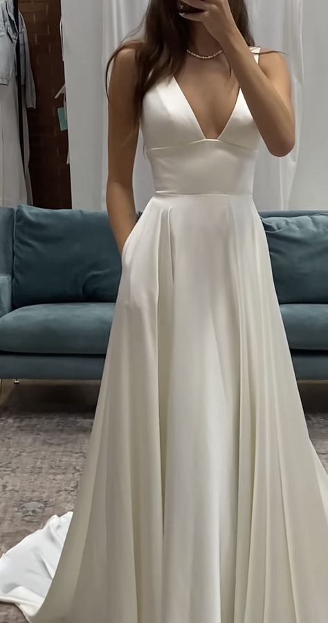 Plane White Wedding Dress, Satin Deb Dress, Wedding Dress V Neck A Line, Simple High Neck Wedding Dress, Classic Wedding Dress Satin, Cap Sleeve Wedding Dress A Line, Wedding Dress For Wide Shoulders, Wedding Dresses 2024 Trend New, White Plain Wedding Dress