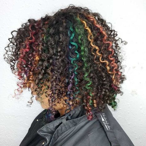 Brown Rainbow Hair, Rainbow Highlights, Brown Rainbow, Snacks Under 100 Calories, Curly Color, Dyed Curly Hair, 100 Calorie Snacks, Highlights Curly Hair, 100 Calorie